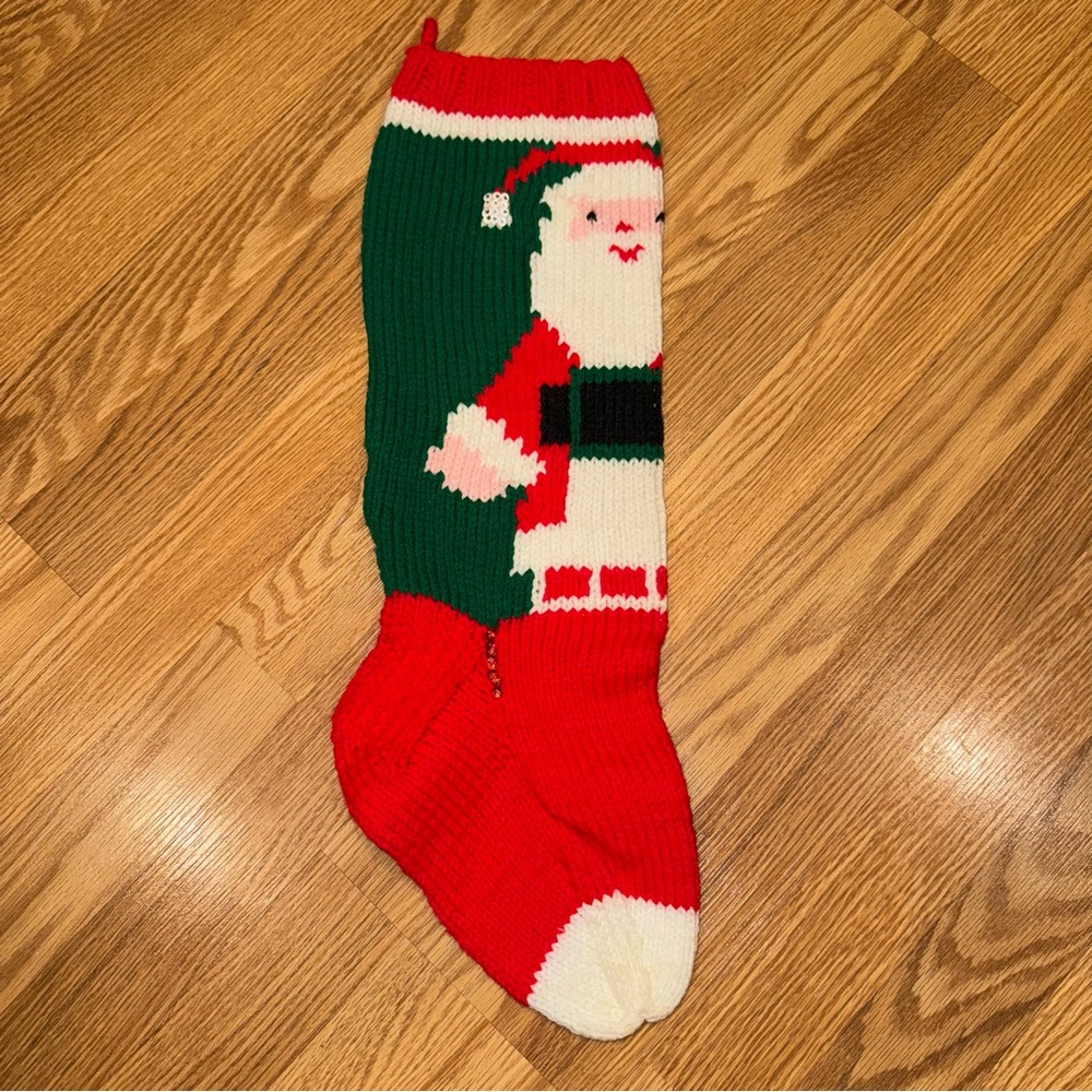 Vintage Hand‎ Knit Santa Christmas  Stocking with Beaded Sequins